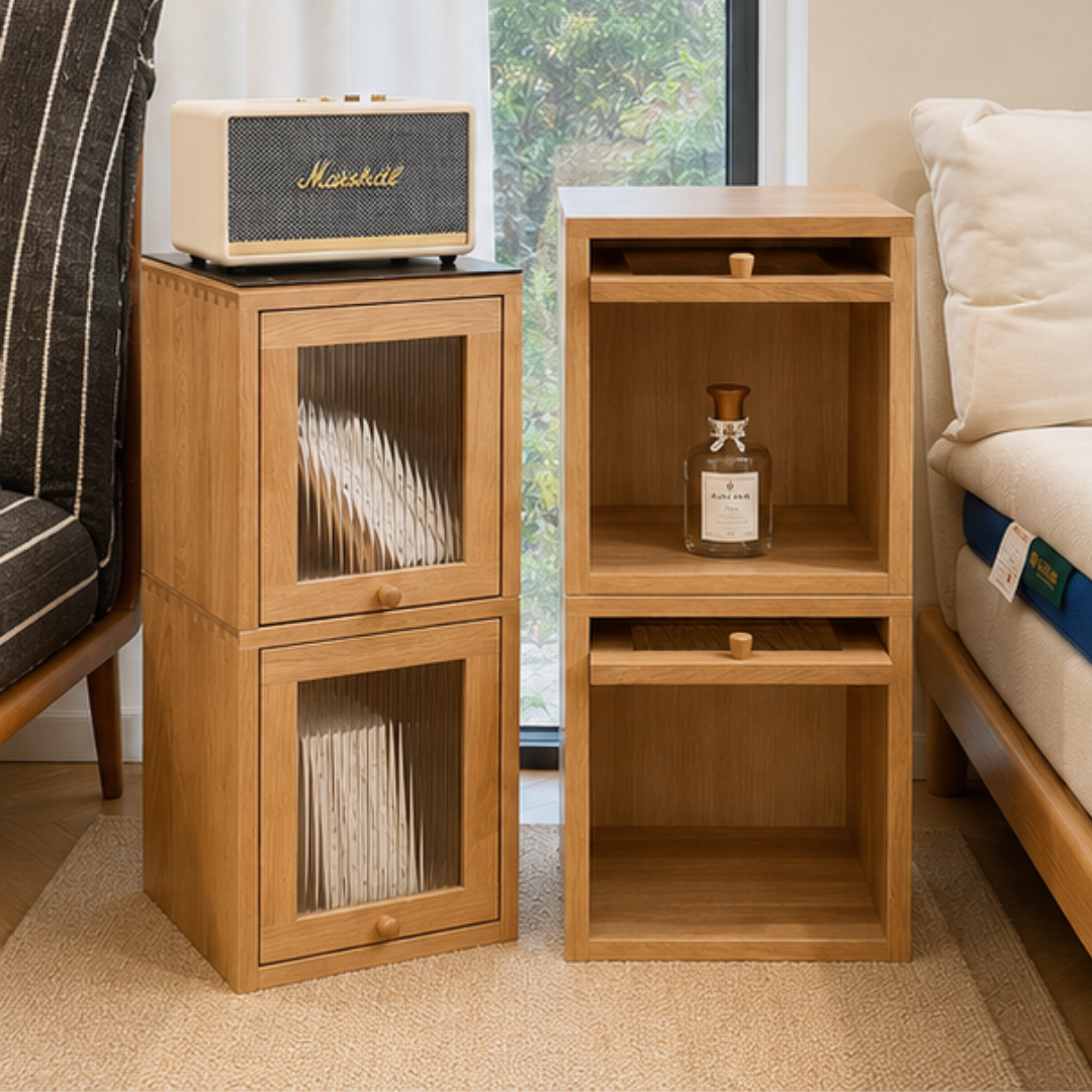 Premium Solid Oak Standalone Glass Door Storage Cabinet