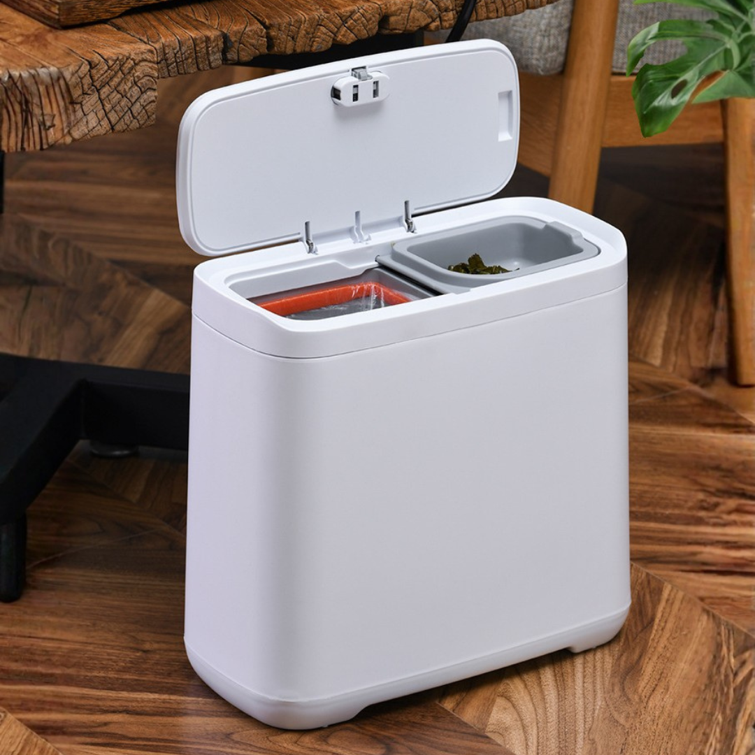 Dual Wet Dry Compartments Waste Bin with Pop Up Lid and Detachable Strainer