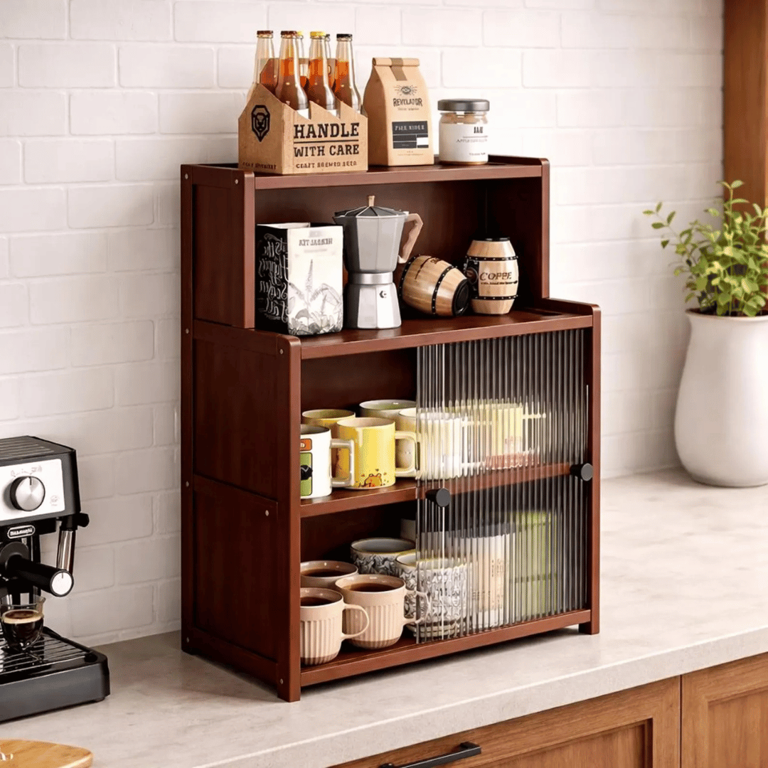 Premium Wooden Countertop Organizer with Open Shelf and Dust Protected Sliding Compartments
