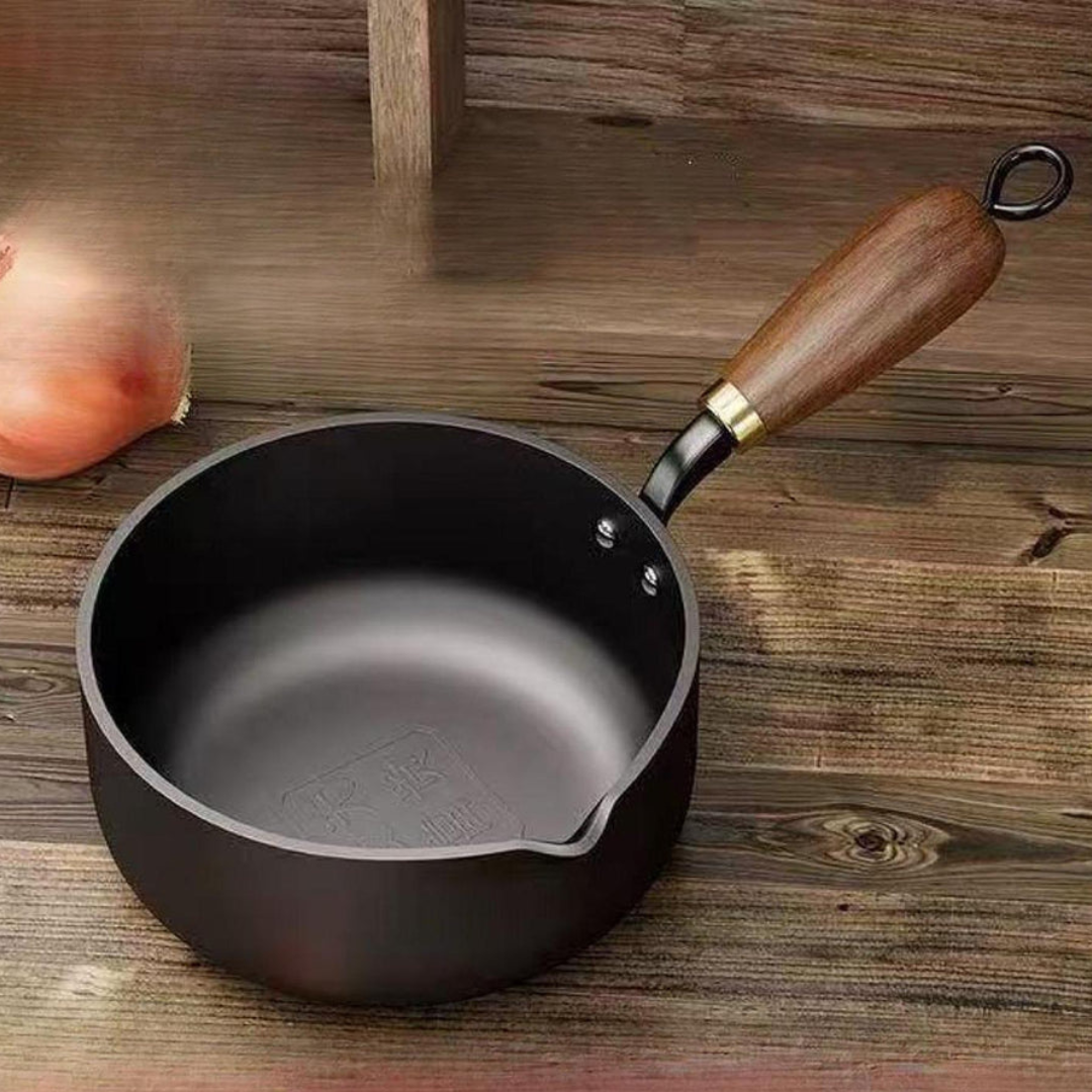 Deep Belly Iron Oil Heating Sauce Pan with Wooden Handle