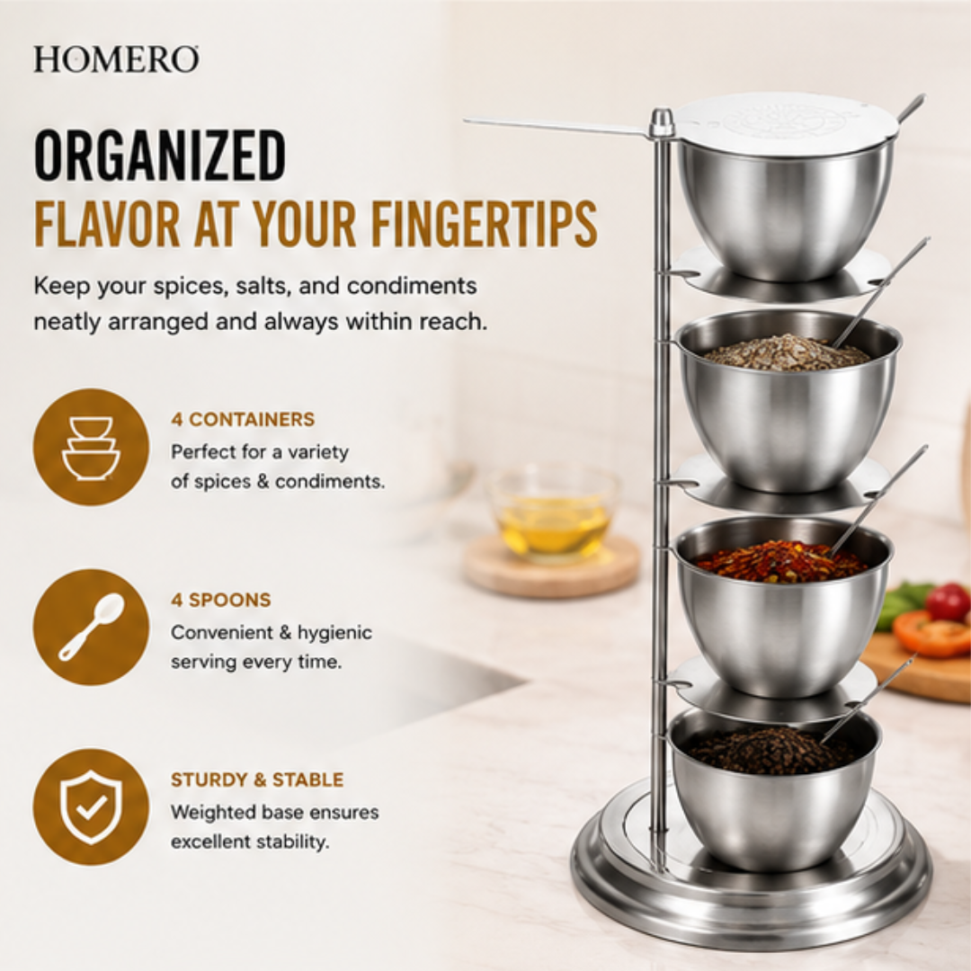 360° Rotating Stainless Steel Seasoning Container Set with Spoons