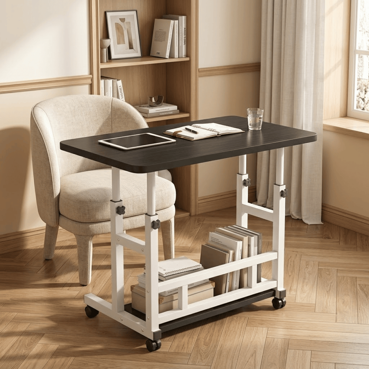 Height Adjustable Rolling Laptop Desk with Storage Shelves