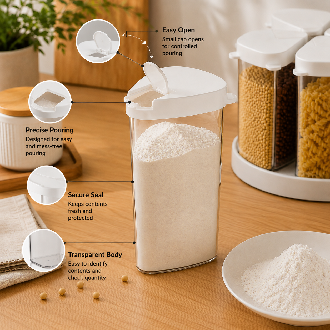 Homero 360 Degree Transparent Grain Storage Container with Rotating Base - 670ml Capacity