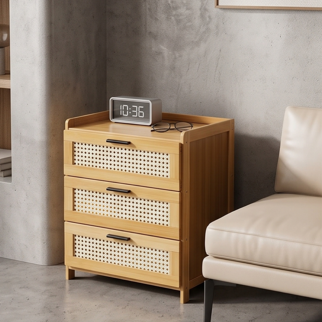 Multipurpose Bamboo Side Table with Three Drawers