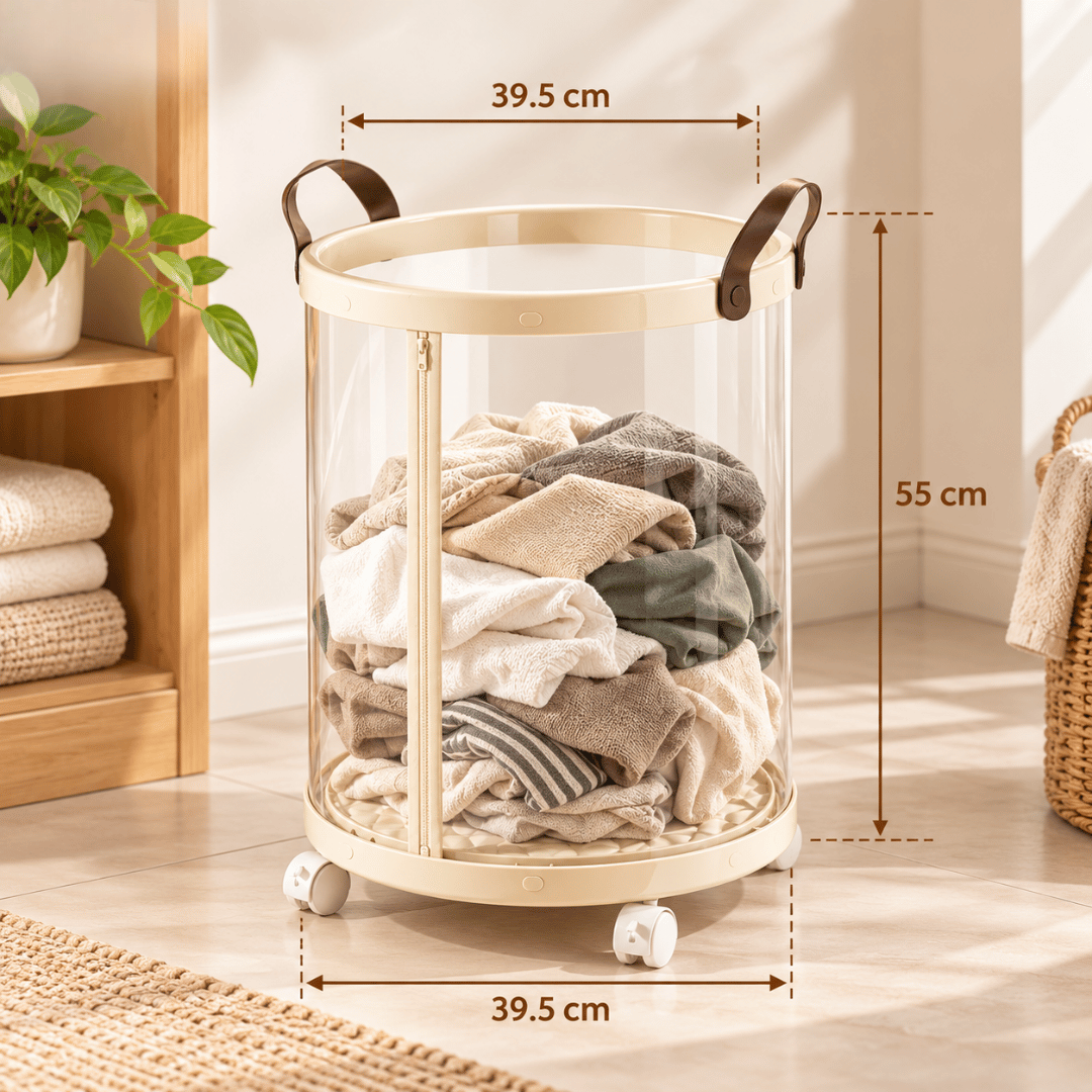 Modern Foldable Laundry Storage Basket with Transparent Body and Rotating Wheels