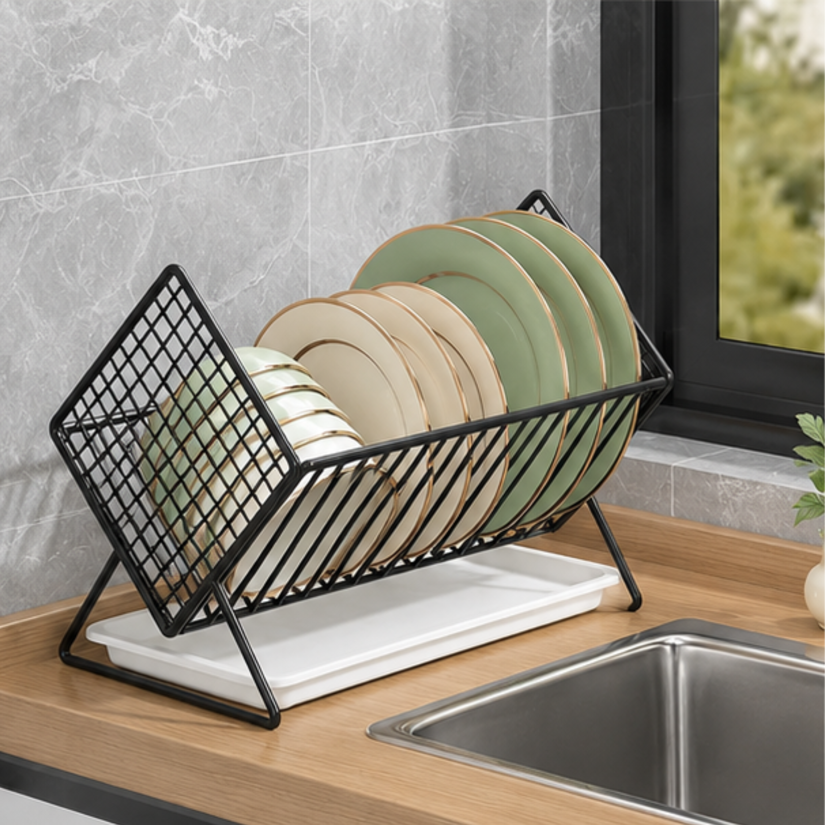 Multi-Purpose X Shaped Carbon Steel Kitchen Dish Rack with Drip Tray