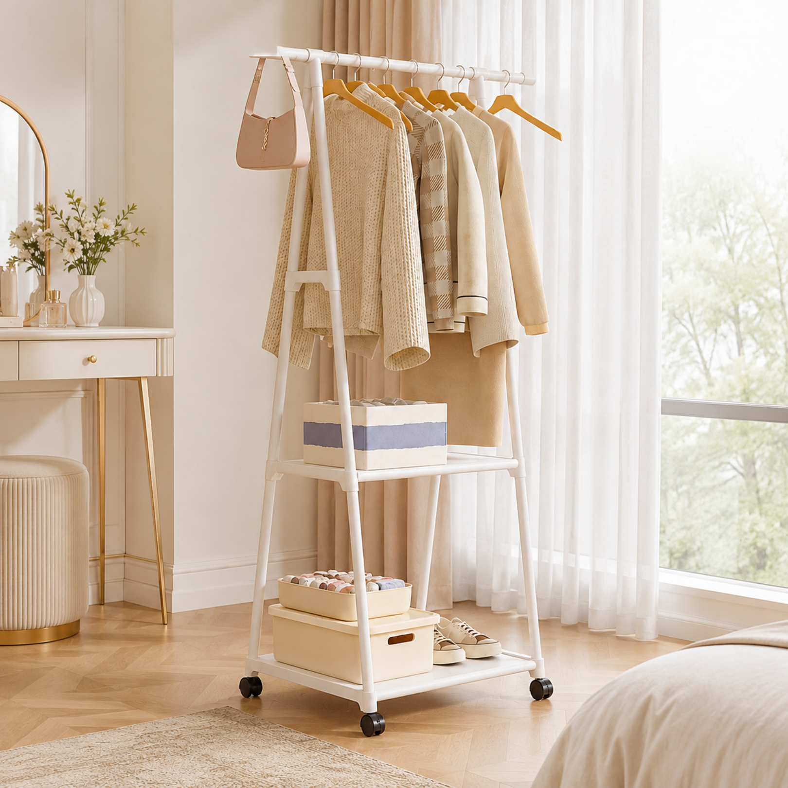 Multi Functional Metal Clothes Rack with Storage Shelves and Wheel