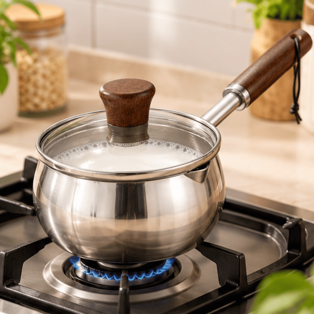 Premium Stainless Steel Small Milk Saucepan with Wooden Handle Glass Lid