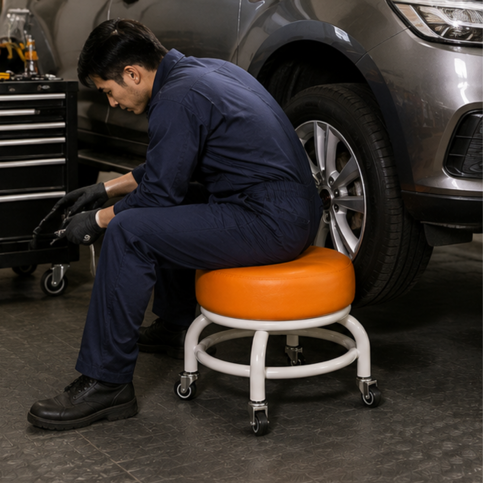 360° Rotating PU Cushion Seat Rolling Stool