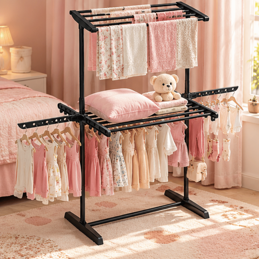 Multipurpose Two Tier Clothes Drying Stand with Hanger Slots and Accessory Hooks