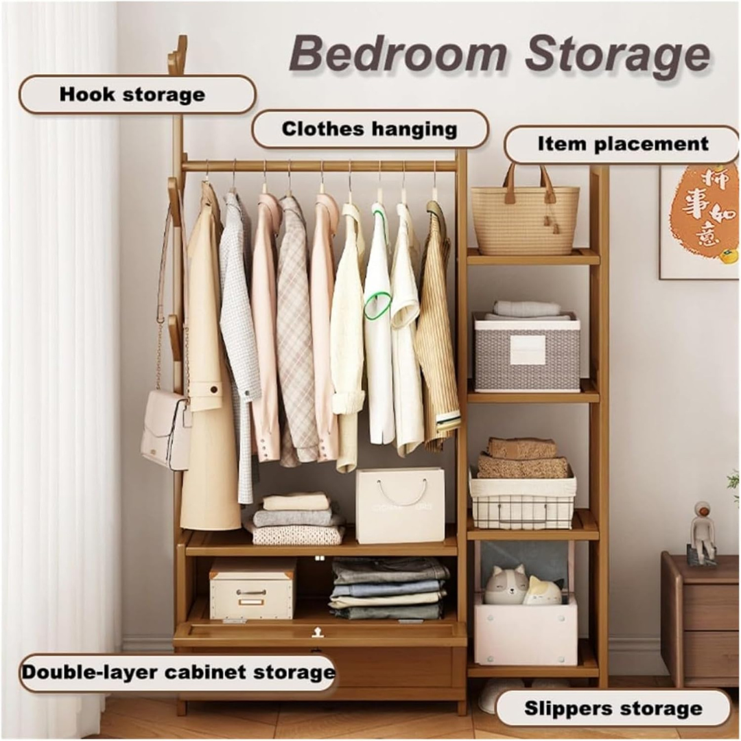 Multi Storage Bamboo Clothes Rack Open Wardrobe with Hanging Rail Shelves