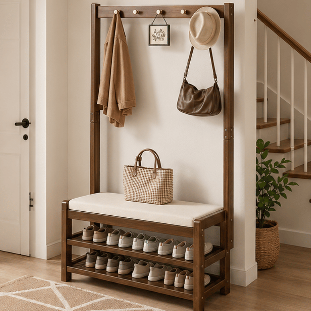 Multi Functional Bamboo Clothes Rack with Shoes Organizer Bench