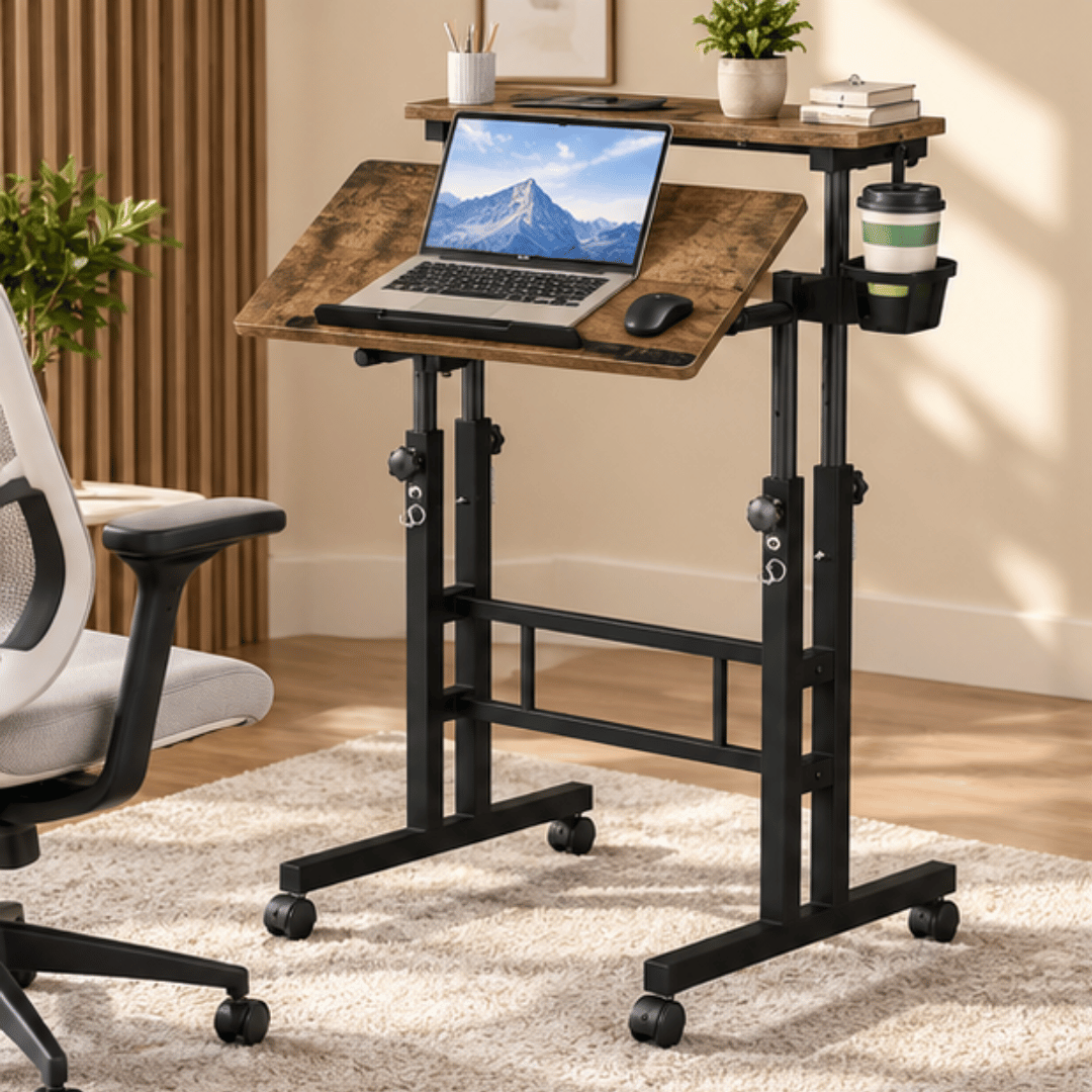 Multipurpose Height Adjustment Standing Laptop Desk with Tilting Tabletop & Hidden Wheels
