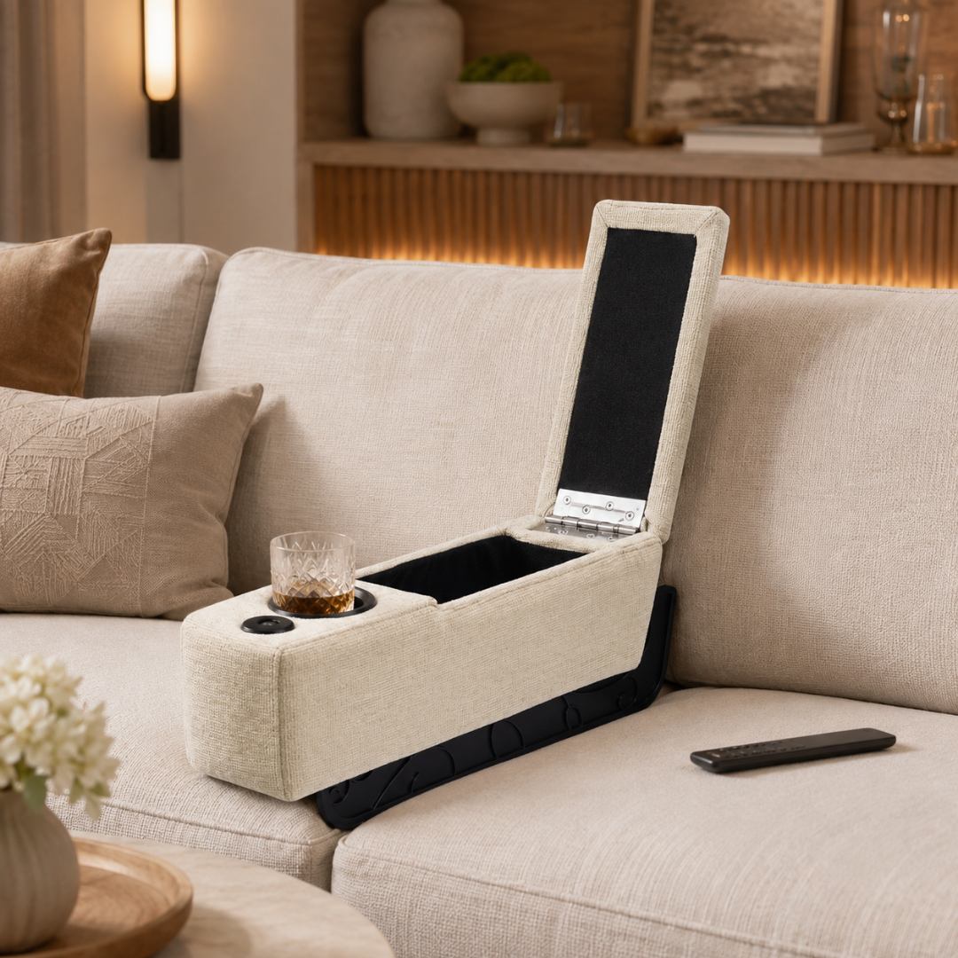 Multifunctional Sofa Armrest Couch Caddy with Wireless Charging LED Light