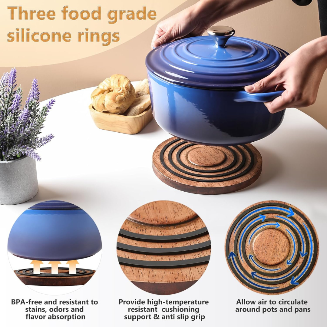 Magnetic Wooden Trivet with Heat Resistant Silicone Rings