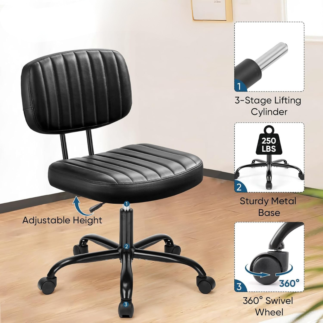 Ergonomic PU Leather Lumbar Support Armless Office Chair with Rolling Base