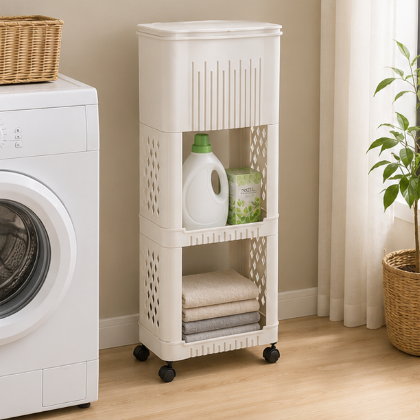 Multi Purpose Slim Storage Trash Bin with Open Mesh Storage Shelves