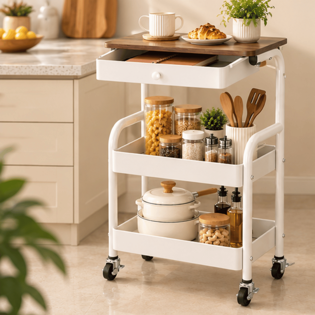 3-Tier Wooden Top Rolling Storage Trolley with Drawer and Wheels