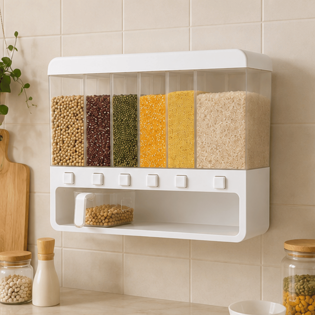 Six Compartment Airtight One Touch Grain Dispenser Storage Container With Measuring Cup