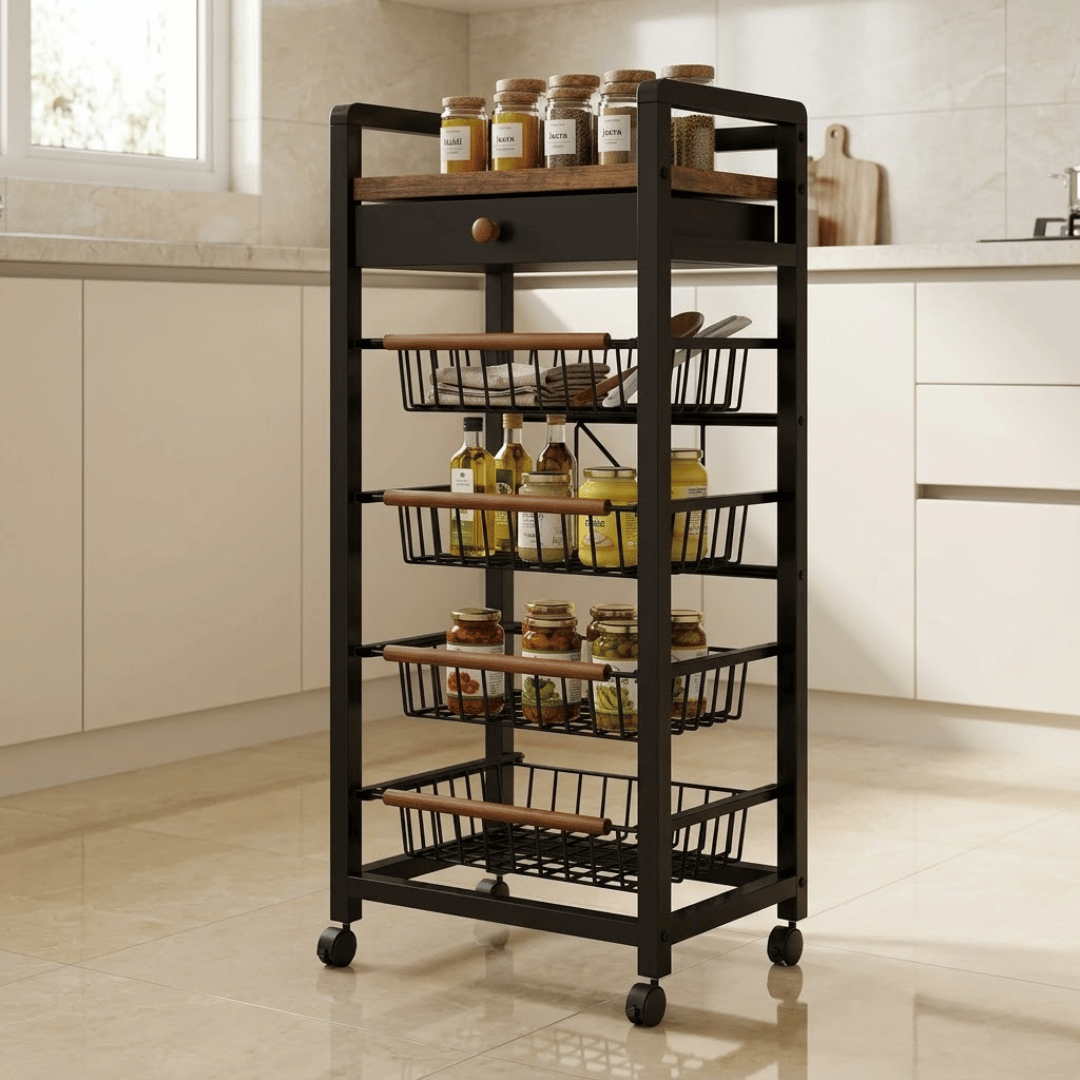 5 Tier Rolling Kitchen Storage Cart with Rustic Wooden Top and Pull Out Wire Baskets