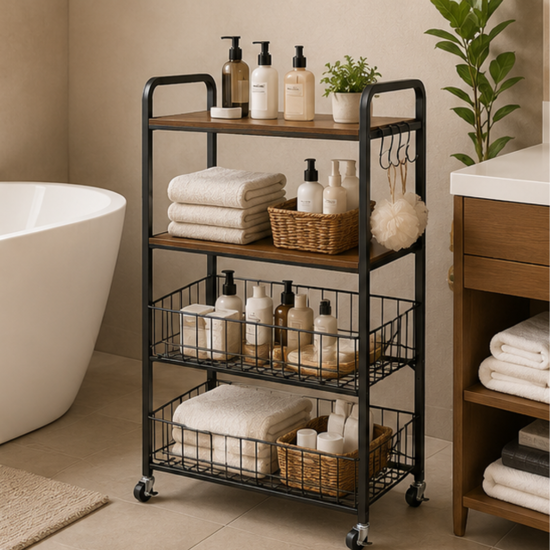 4 Tier Rolling Kitchen Storage Rack with Wooden Shelves & Wire Baskets