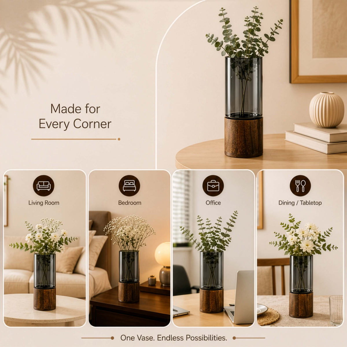 Homero Cylinder Vases with Wooden Base for Home Decor