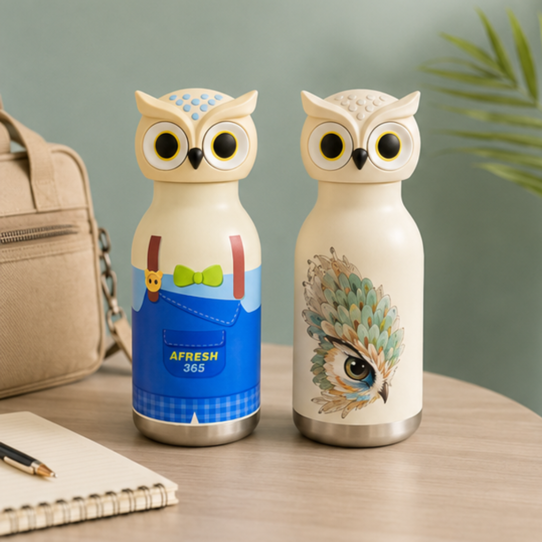 Cute Owl Stainless Steel Leakproof Sipper Drinking Bottle with Straw