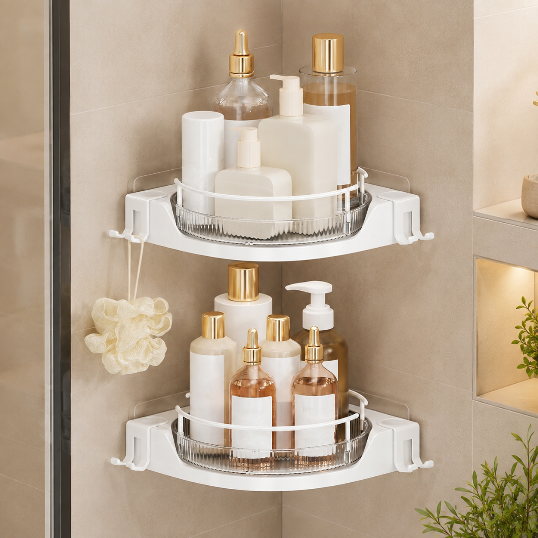 360° Rotating Corner Shower Caddy Space Saving Bathroom Organizer