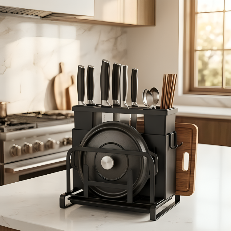 Multifunctional Kitchen Knife Holder Storage Rack with Pot Lid &amp; Cutting Board Organizer