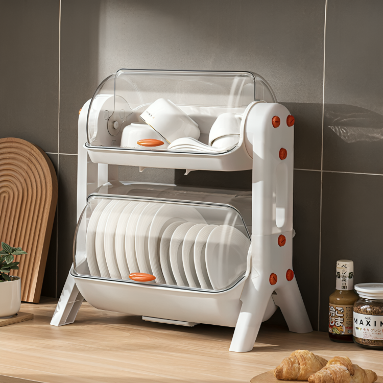 Kitchen Dish Drainer Rack with Lid Multi Purpose Storage Organizer
