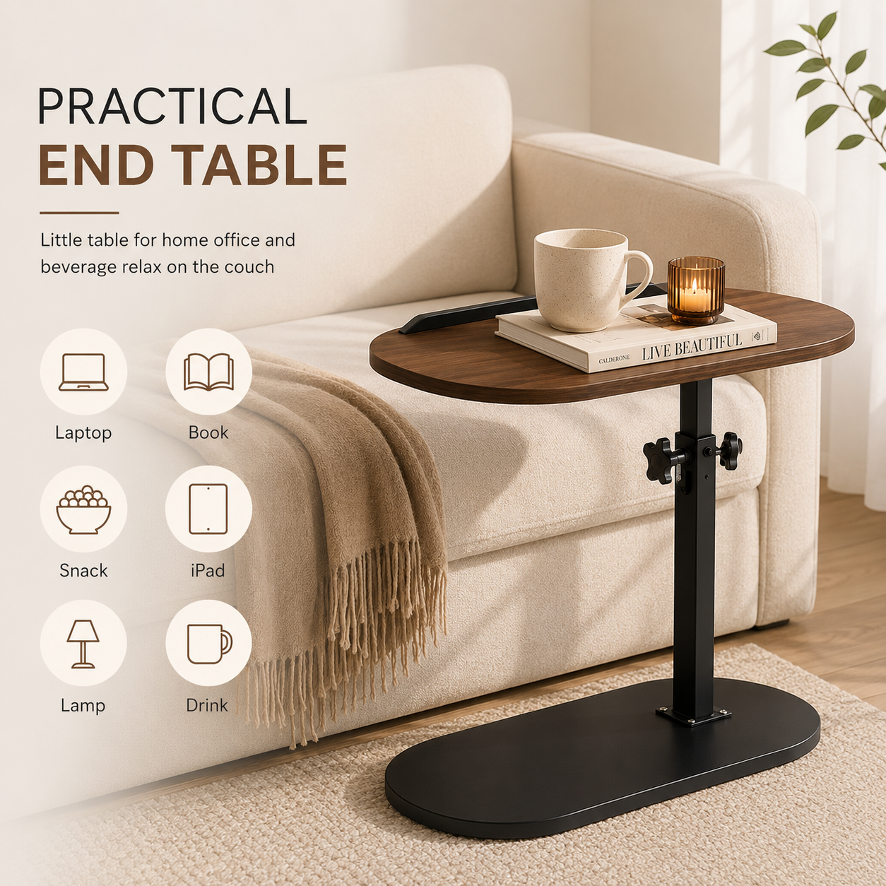 360° Swivel Adjustable C Shape Wooden Top Side Table