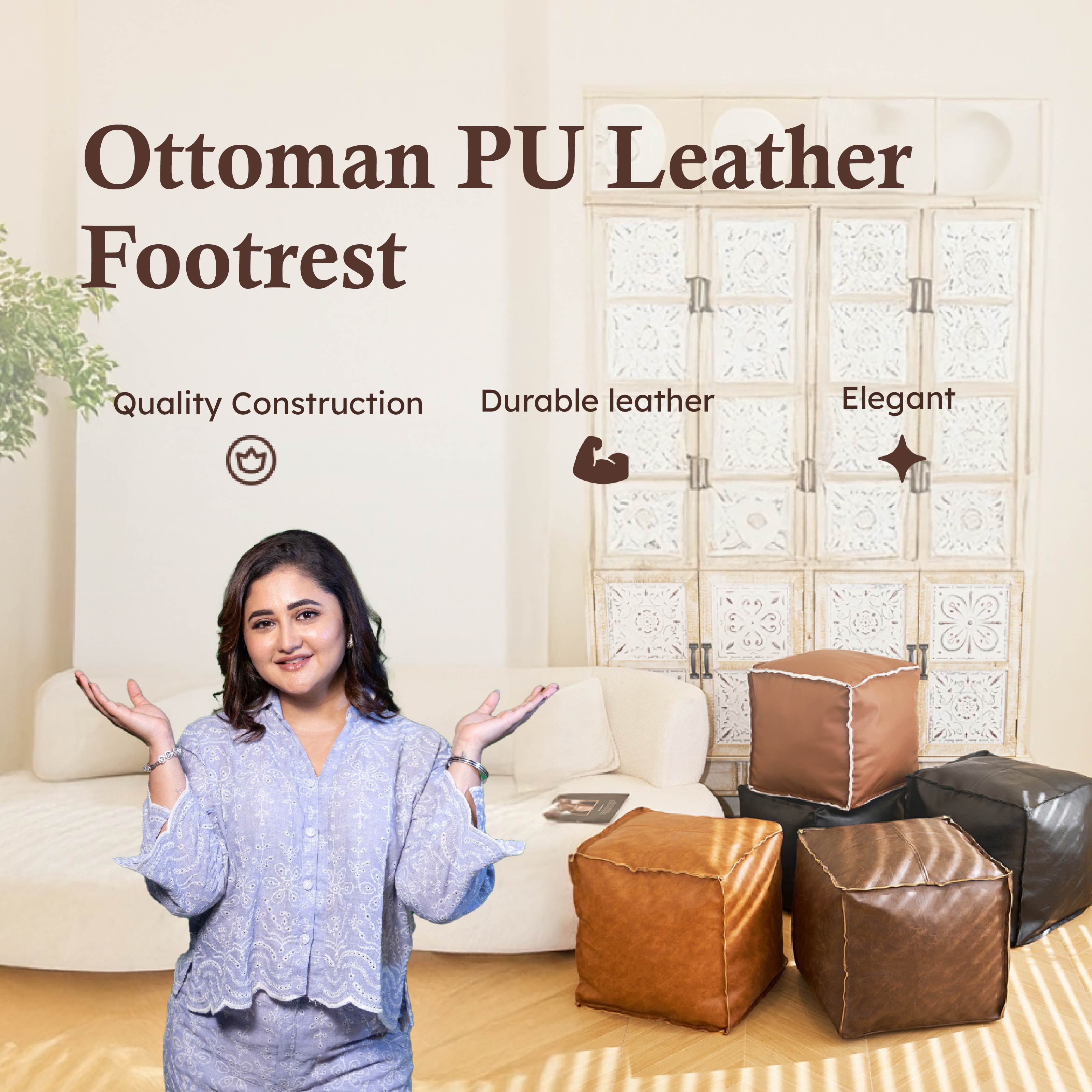 Unstuffed Ottoman PU Leather Pouf cum Footrest Cushion