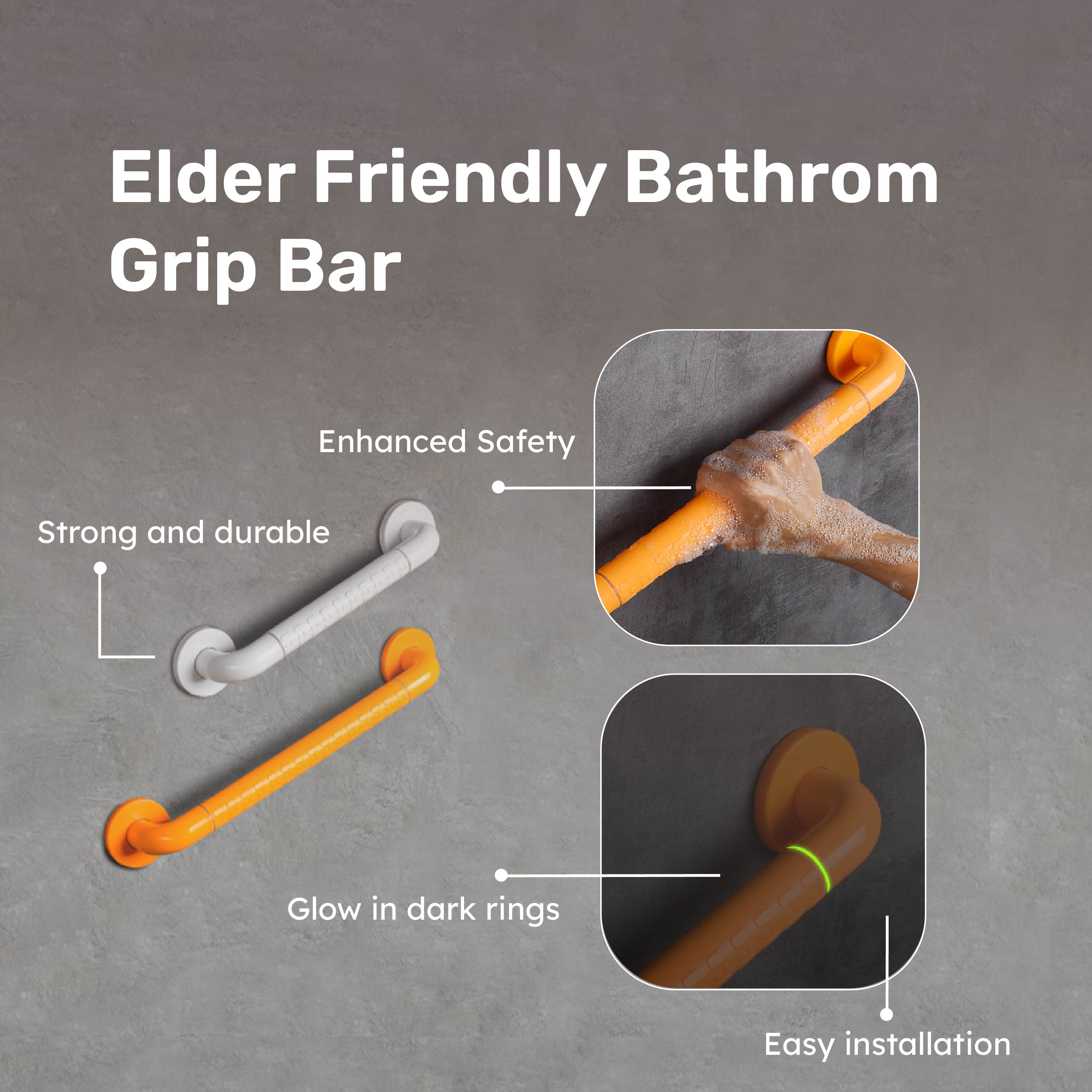 Elder Friendly Stainless Steel Bathroom Grip Bar with Glow Rings
