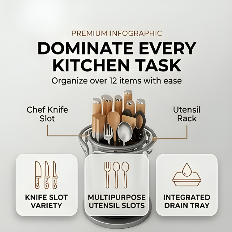 360° Rotating Kitchen Knife Holder with Drain Tray