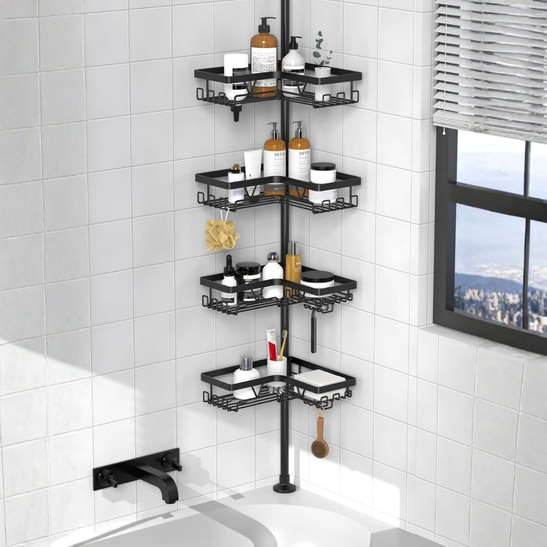 HOMERO 4-Tier Multi-Purpose Corner Shower Caddy Tension Pole with Adjustable Height