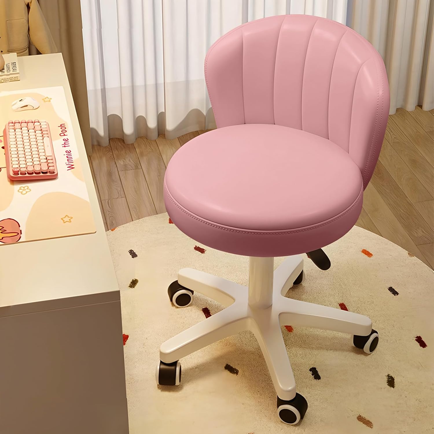 PU Leather Cushion Round Rolling Desk Chair With Adjustable Height