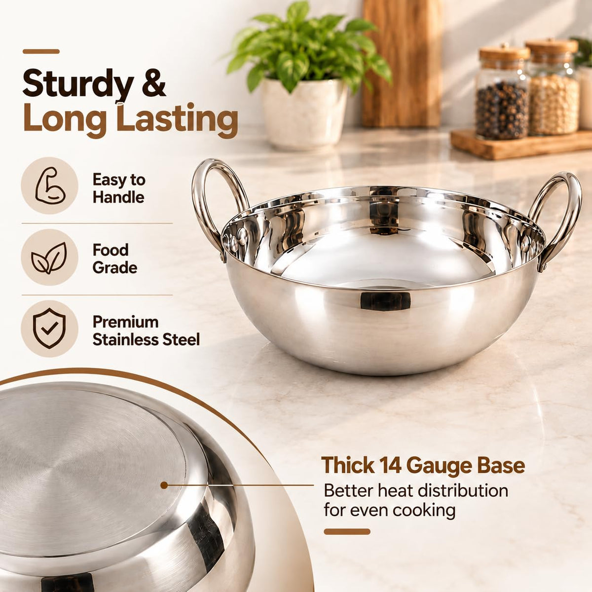Premium Stainless Steel Mirror Finish Deep Kadhai