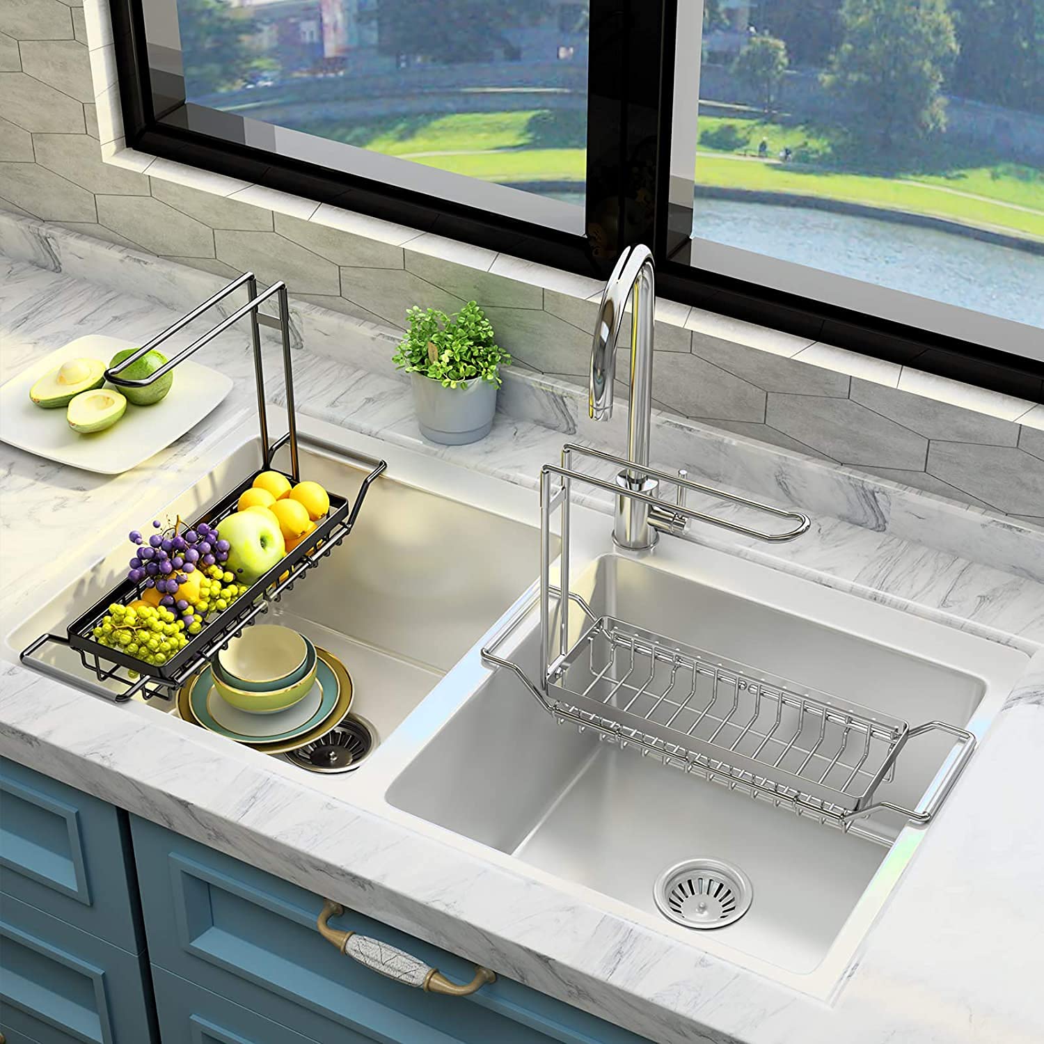 Expandable Stainless Steel Kitchen Sink Organizer with Drain Holder
