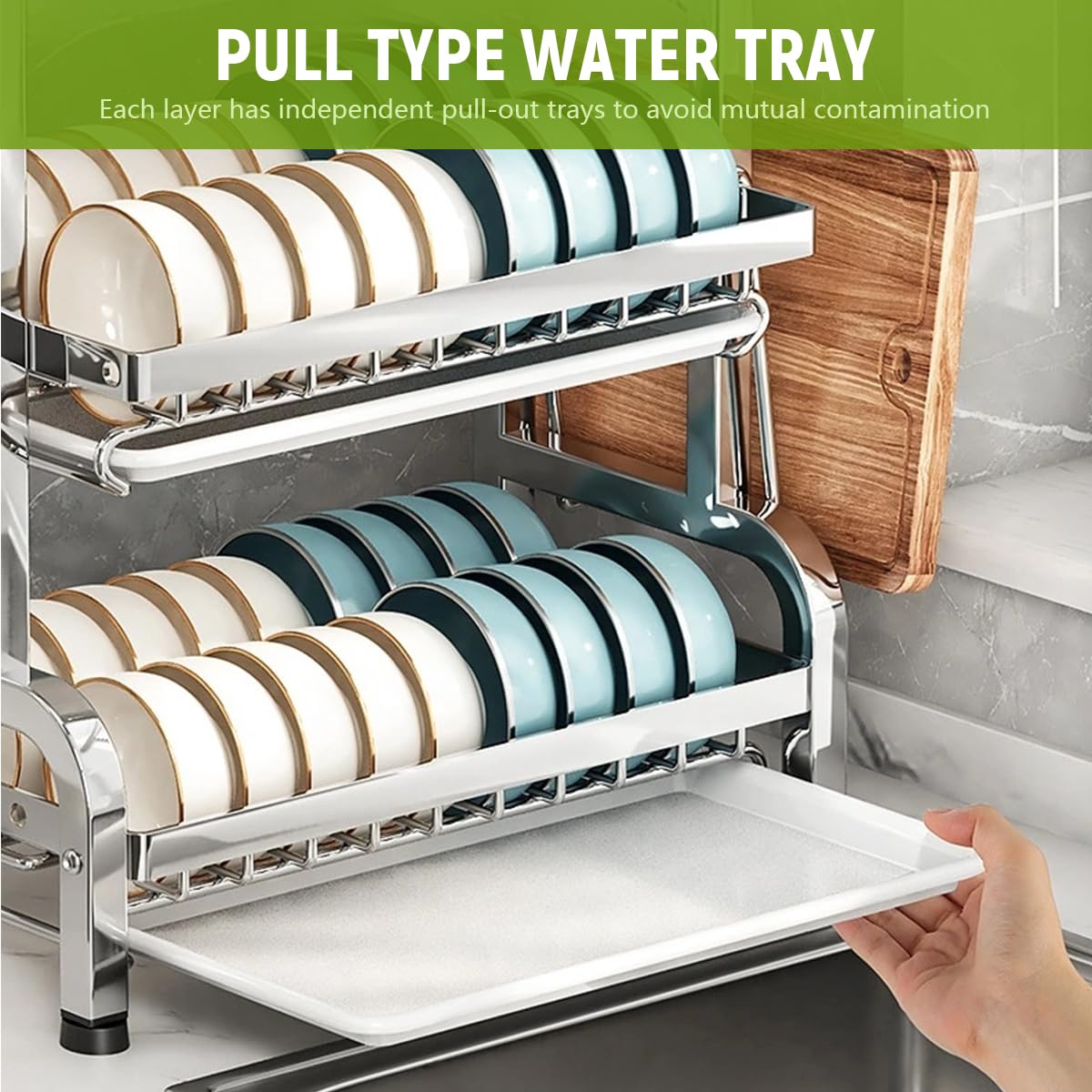 3 Layer Stainless Steel Dish Drying Rack Organizer with Removable Water Tray