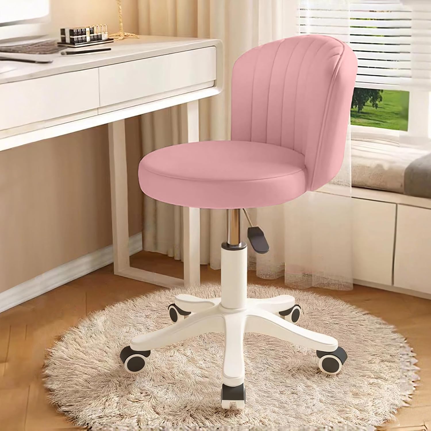 PU Leather Cushion Round Rolling Desk Chair With Adjustable Height