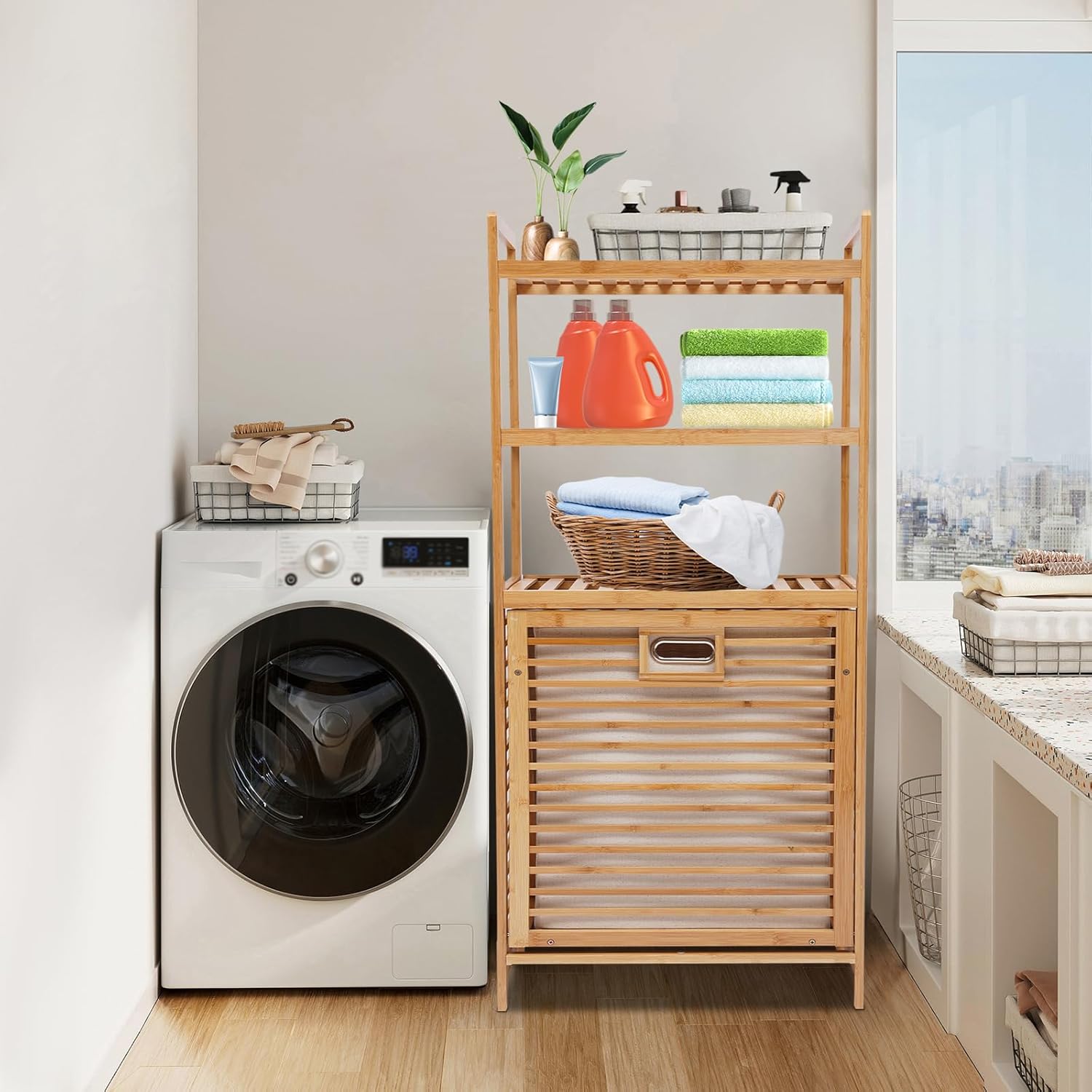 Premium Wooden Laundry Basket with Storage Shelves