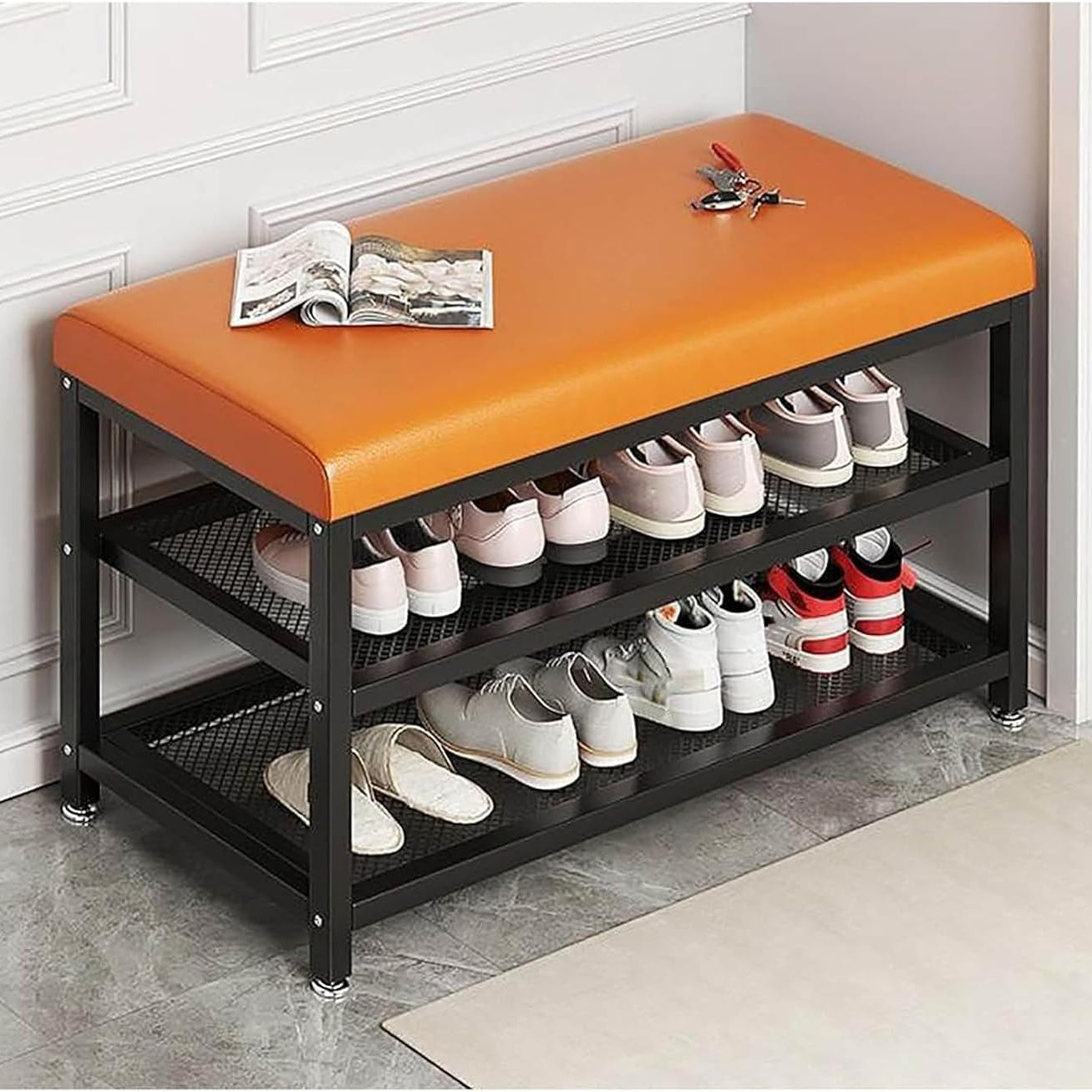 Multipurpose Metal Shoe Bench with Microfiber Leather Seat