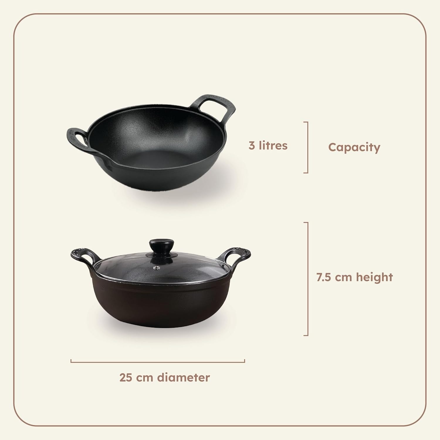 HOMERO Cast Iron Non Stick Kadai with Glass Lid - 25cm Cooking Size