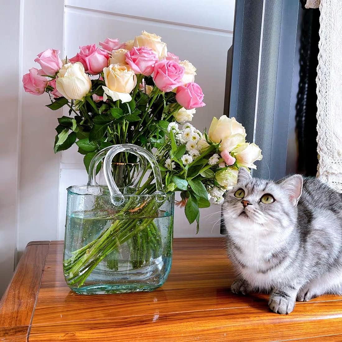 HOMERO Transparent Hand Blown Glass Vase with Elegant Purse Design