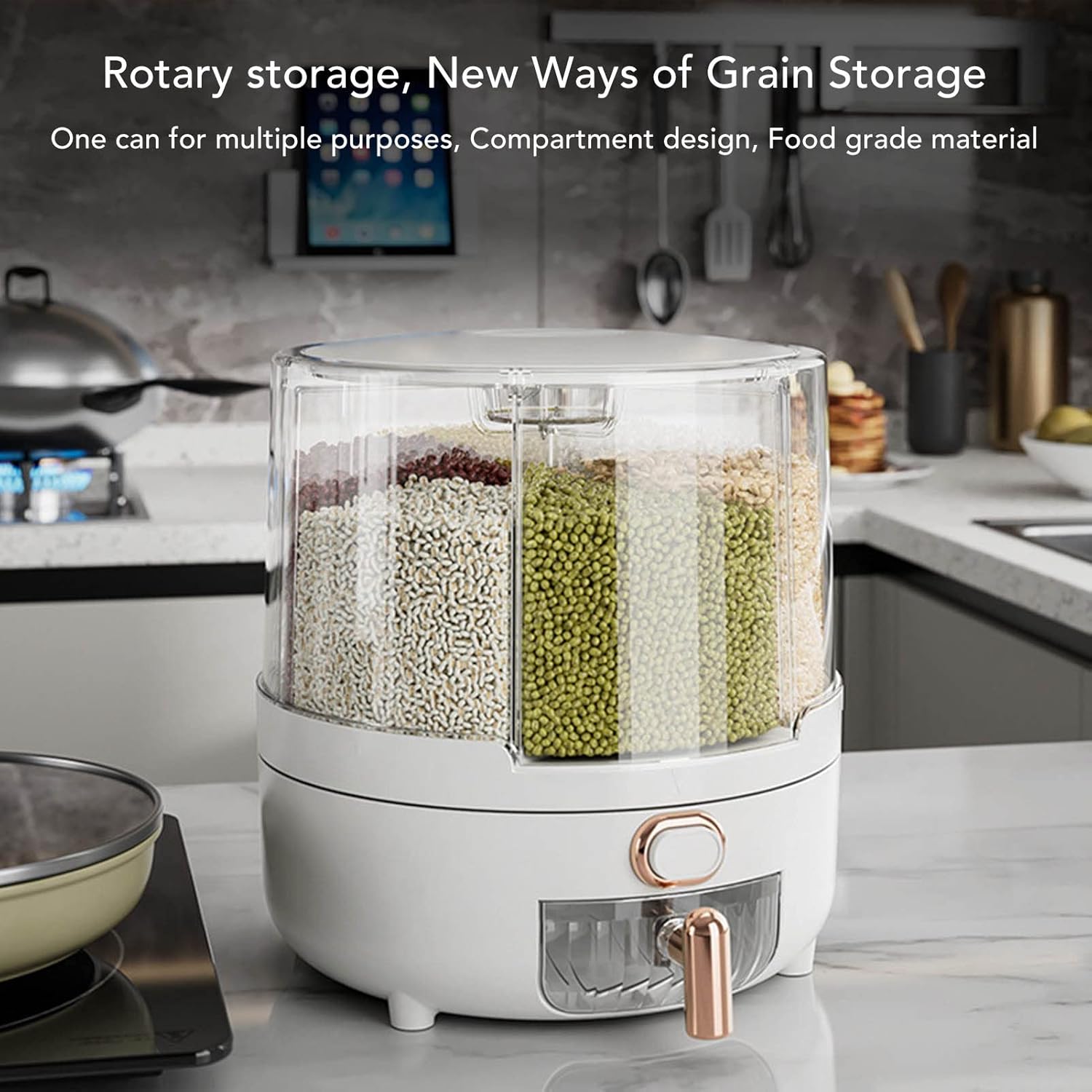 360° Rotating Airtight Grain Storage Container with 6 Compartments