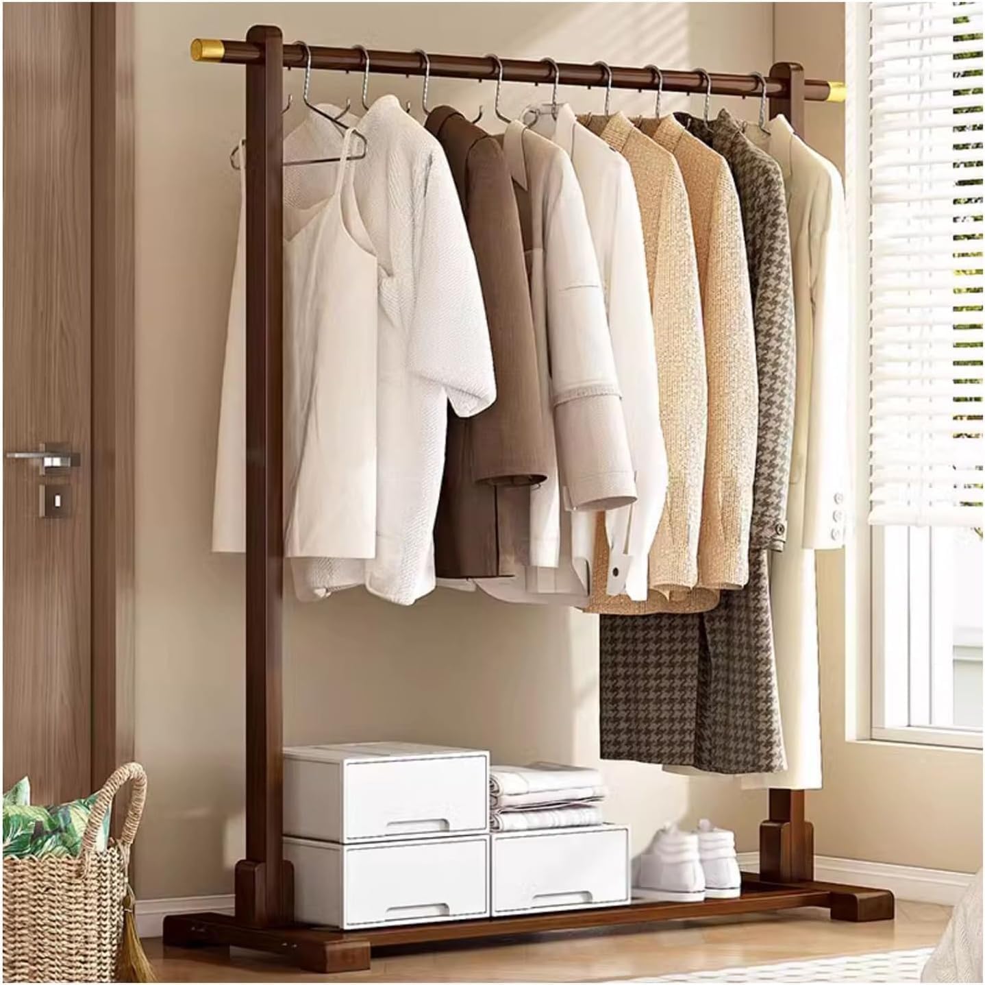 Solid Bamboo Coat Rack Open Wardrobe Organizer Stand With Hanging Rail And Side Hooks