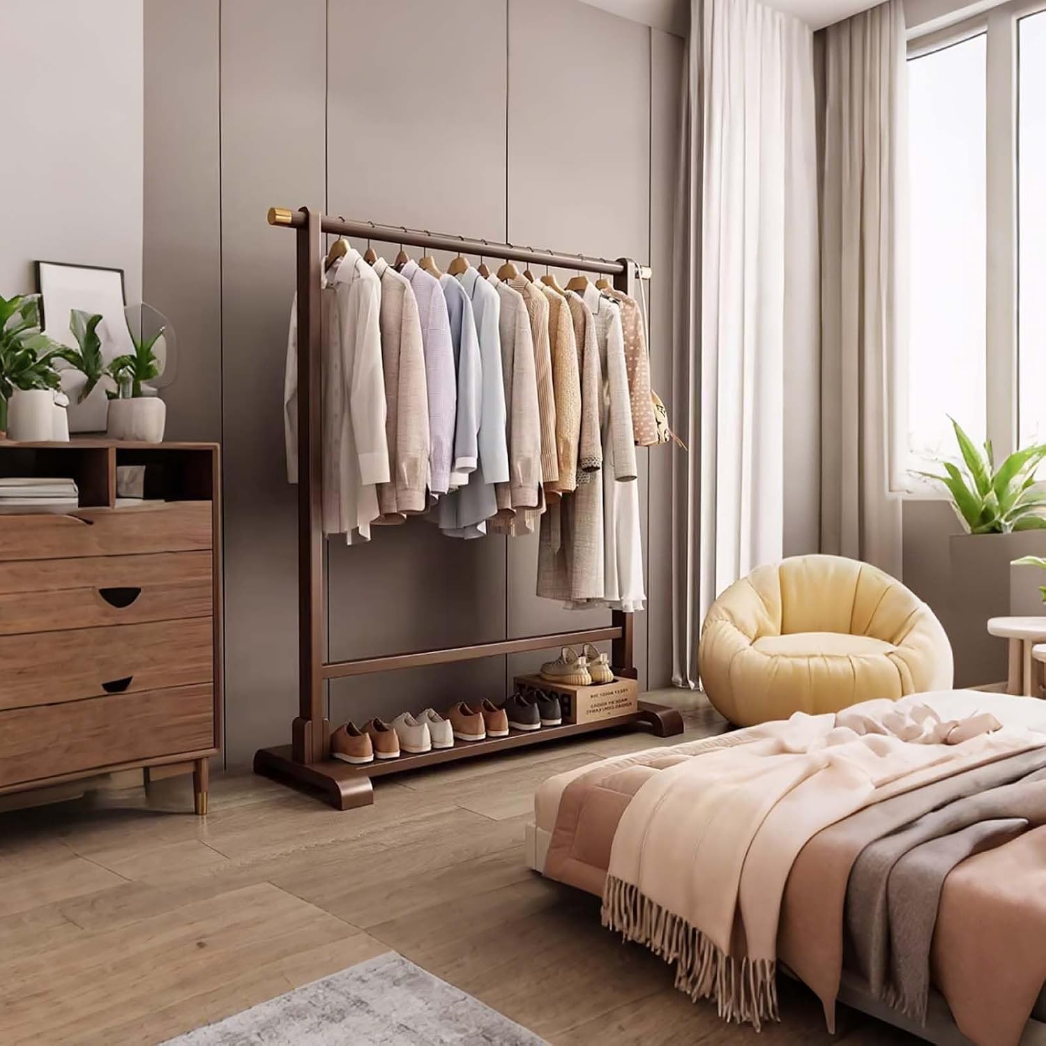 Solid Bamboo Coat Rack Open Wardrobe Organizer Stand With Hanging Rail And Side Hooks