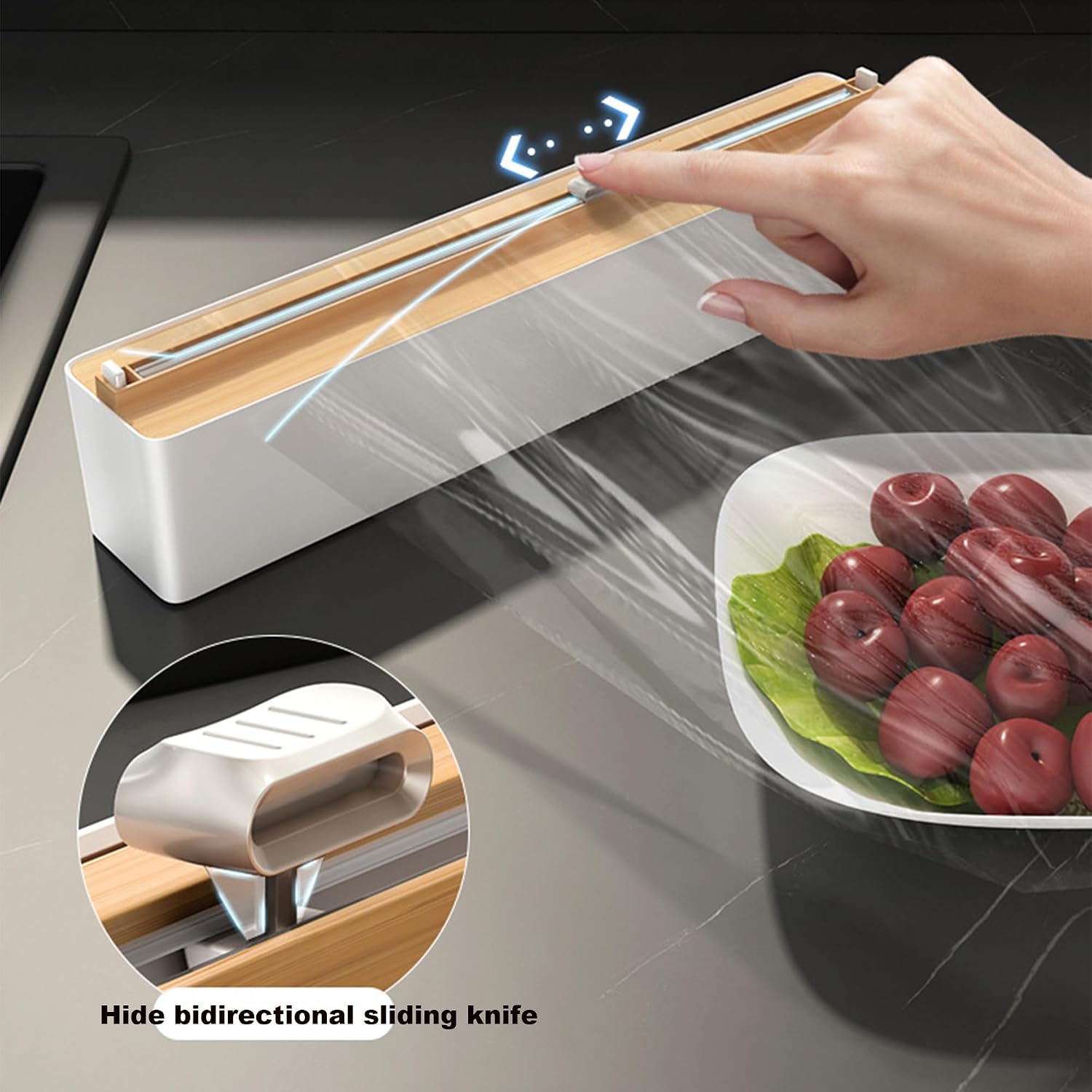 Refillable Plastic Wrap Dispenser With Two Way Sliding Cutter