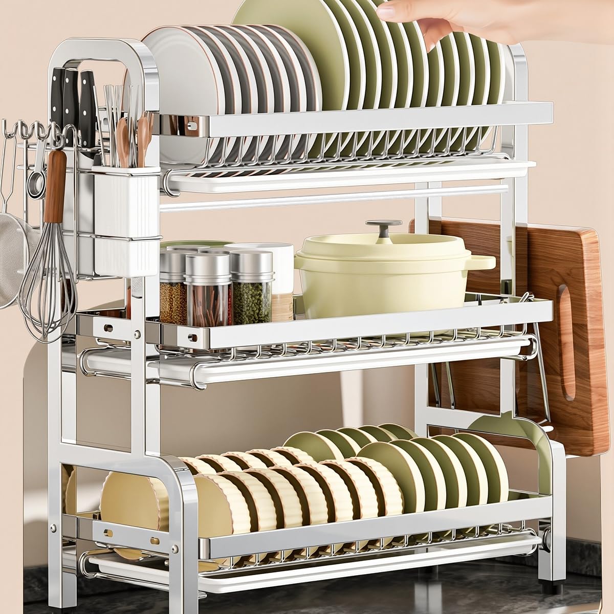 3 Layer Stainless Steel Dish Drying Rack Organizer with Removable Water Tray