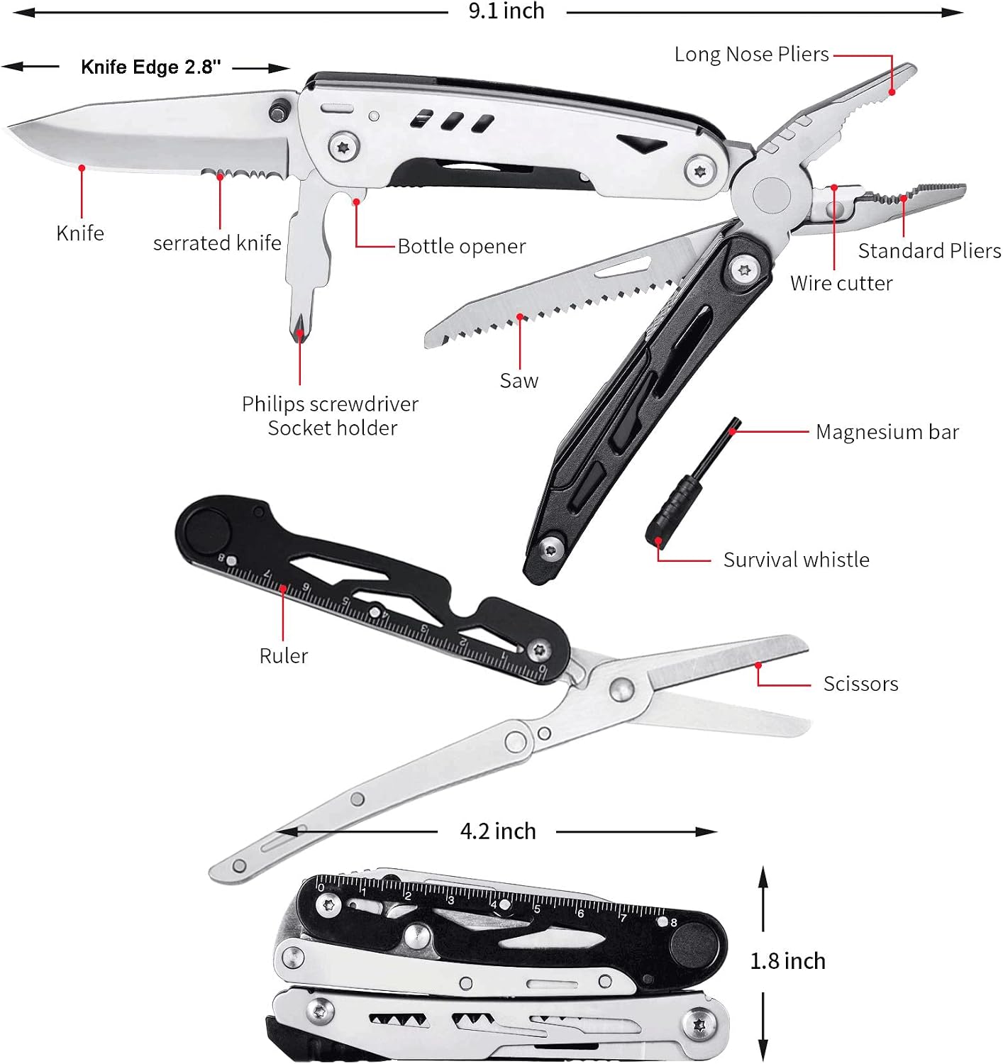 22 In 1 Stainless Steel Multi Tool with Detachable Scissors Survival Kit